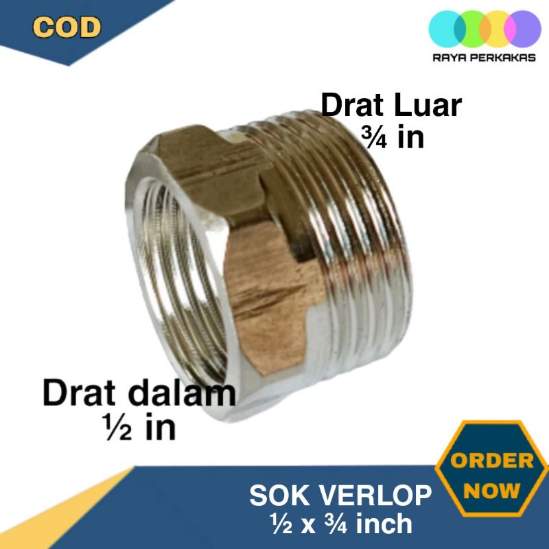 Sok overloop verlop 1/2 x 3/4 inch Sambungan Pipa Besi Stainless ½x¾"