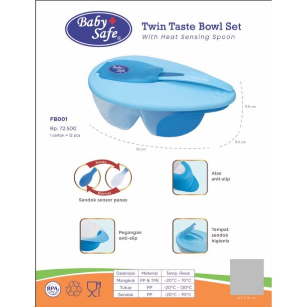 FB001 Baby Safe Twin Taste Bowl with Heat indicator Spoon / tempat makan bayi Babysafe