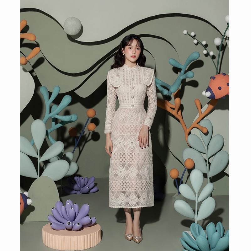 [Premium Series] Beige Lace Dress Import Premium ( Dress Pesta Brokat )