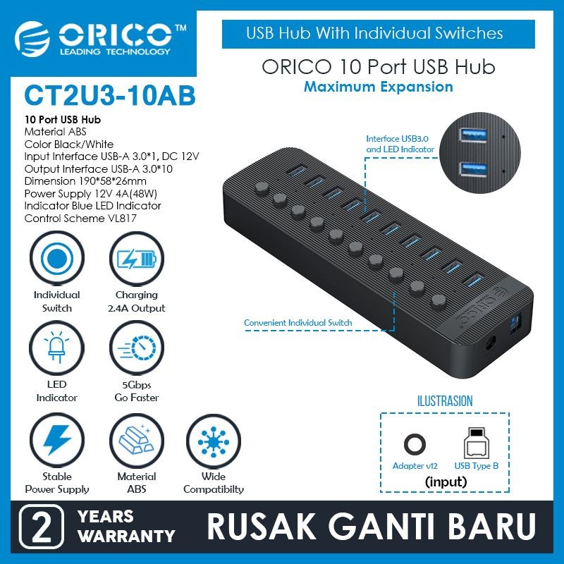 ORICO CT2U3-10AB 10 Port USB Hub With Individual Switches