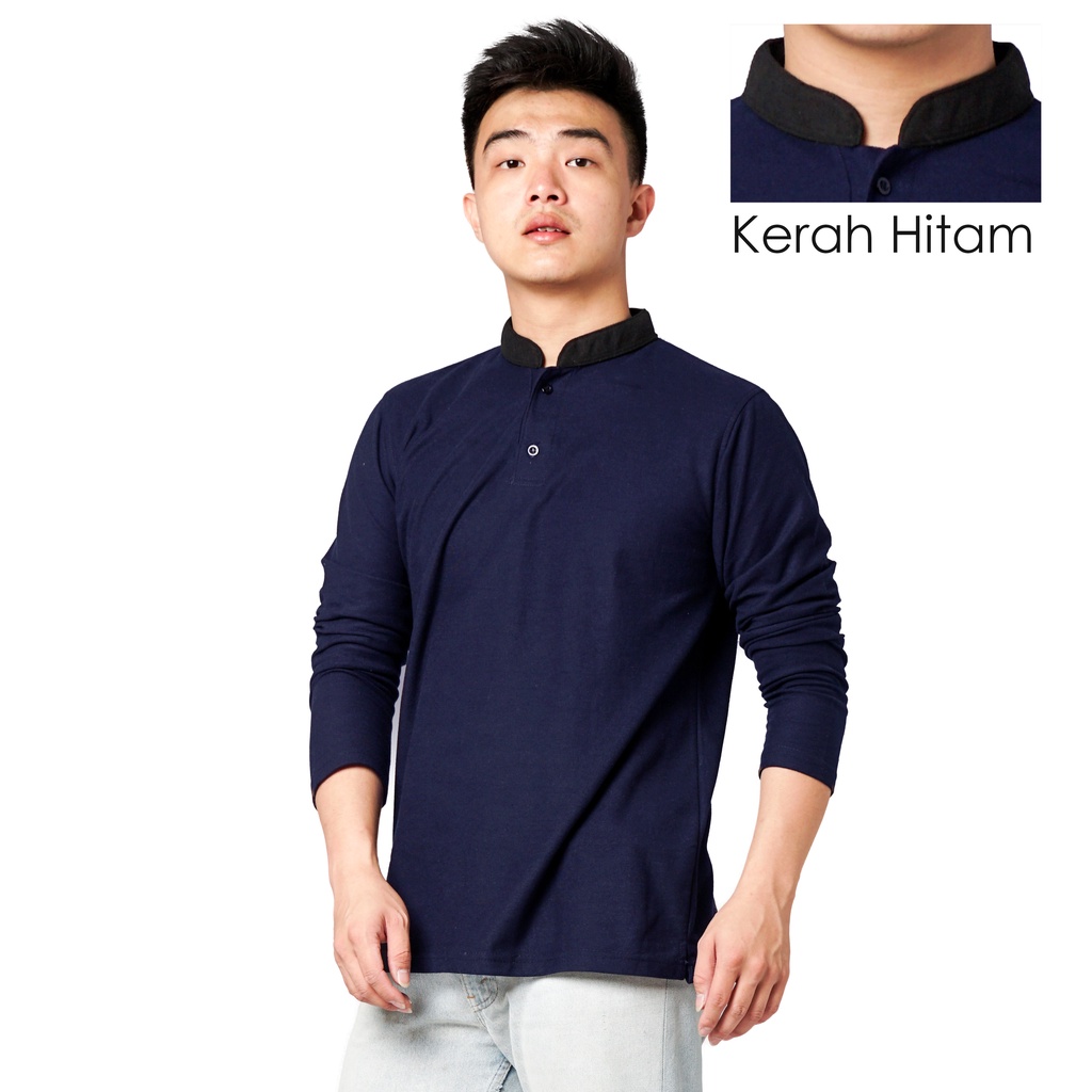 819 Kaos Polo Pria Polo Shirt Kerah Shanghai Lengan Panjang Warna Biru Navy Blue Casual Tersedia Ready Sampai Size JUMBO BIG SIZE XXL XXXL