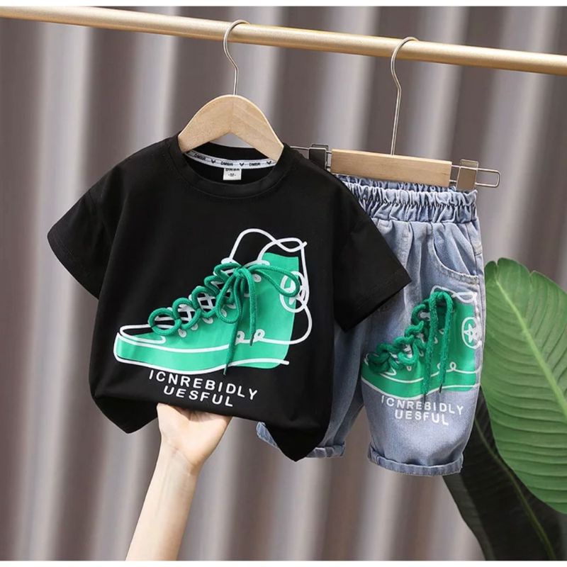 Setelan trendi anak laki laki perempuan motif shoes baju anak setelan anak pakaian anak setelan unisex