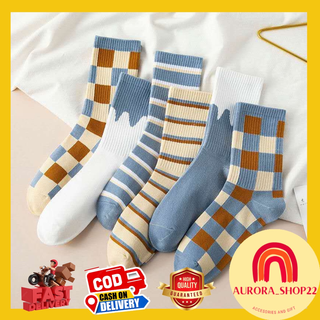 [COD] Kaos Kaki Panjang Warna Biru Cream Motif Papan Catur Setinggi Betis Kaos Kaki Fashion Wanita Unisex Cowok Cewek Fashion Import