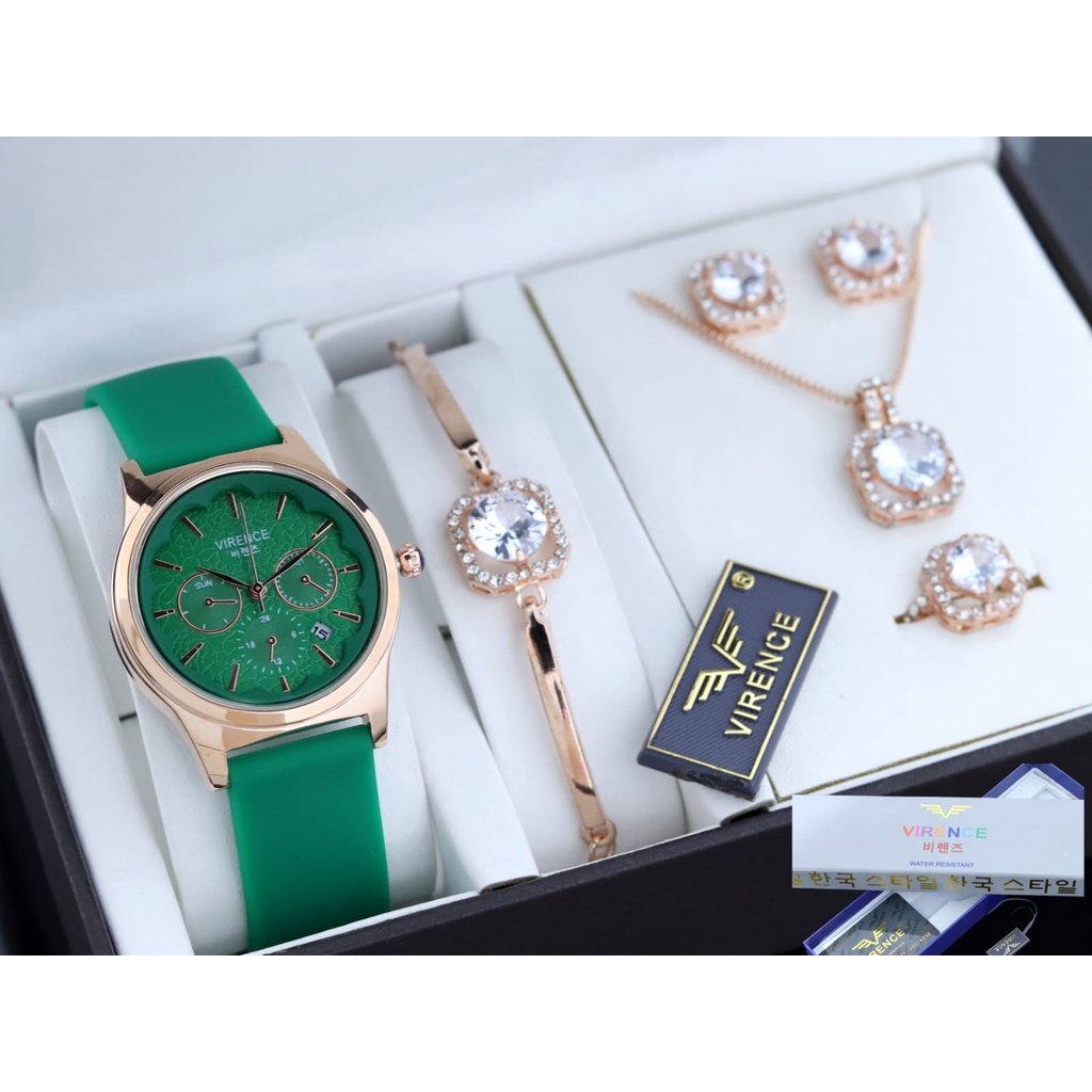 Jam tangan Wanita Strap Karet VIRENCE Tanggal Aktif Chrono Variasi Original Garansi Dan Water Resistance