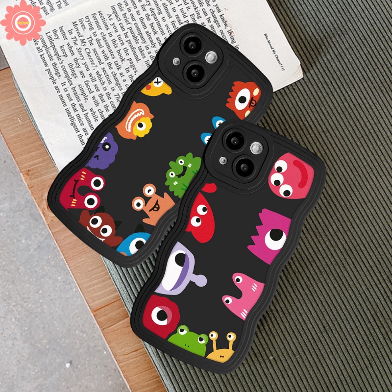 Kartun Lucu Monster Kecil Case Realme C53 10 C15 C11 C30 C33 8i 8 8pro C35 C25 C21Y C25Y 9 9i 5 6i 5i 9pro+7 7i C12 C11 C25s C3 C1 C20A C20 C20A Lembut Wavy Edge Black Case