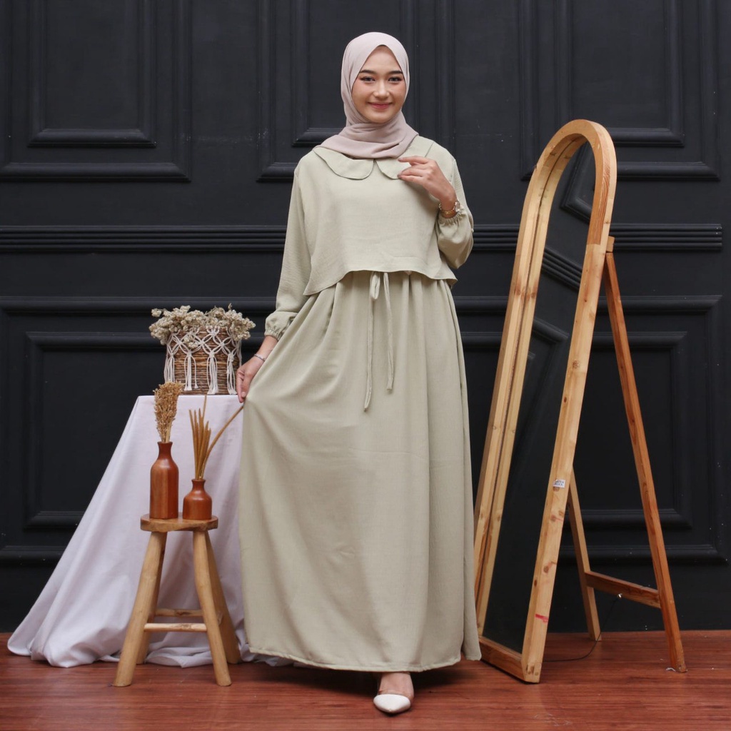 Zayyra Gamis Terbaru Crinkle Airflow Premium Dress Wanita Lengan Panjang Baju Muslim Rompi Kekinian LD 110 cm