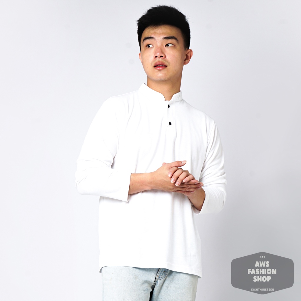 819 Kaos Polo Pria Polo Shirt Kerah Shanghai Lengan Panjang Warna Putih Kancing Hitam White Casual Tersedia Ready Sampai Size JUMBO BIG SIZE XXL XXXL