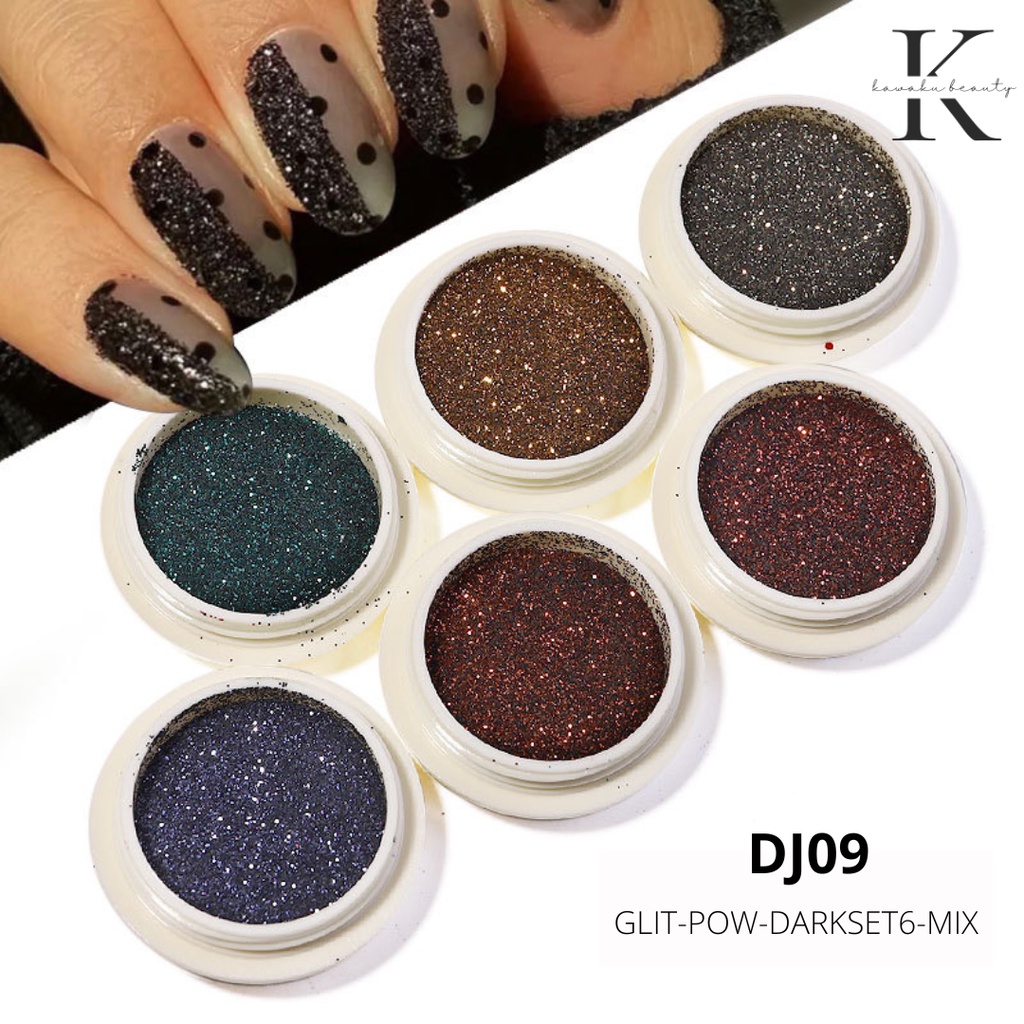 Aksesoris Glitter Nail art Dark Set isi 6/ Bubuk Glitter Halus untuk Hiasan Dekorasi Kutek Kuku Nail art