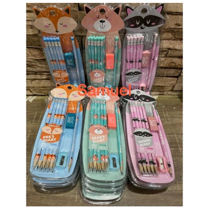 Pensil Serut Motif Set 11pcs Bonus Rautan Penghapus