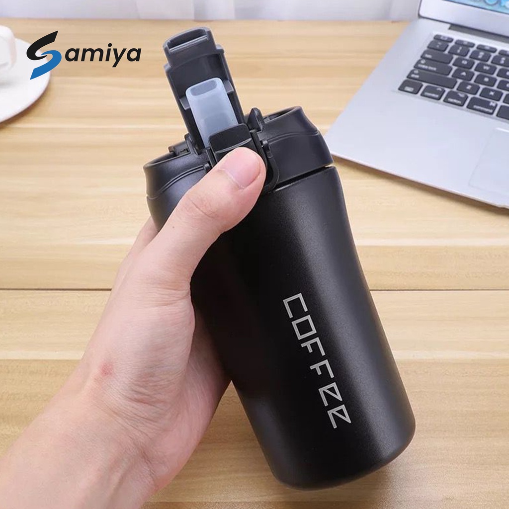 coffee tumbler dual drinking with straw / botol minum portable stainless 2in1 sedotan 400ml FREE custom grafir nama / thermos mug hot and cold