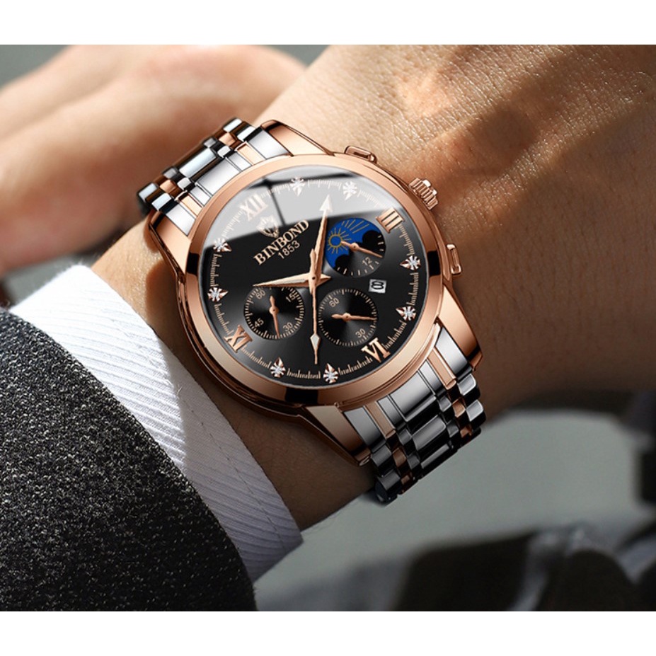 Jam Tangan Pria Kulit dan Stainless Impor Binbond B3591 Original Tahan Air Fashion Business Auto Date Analog