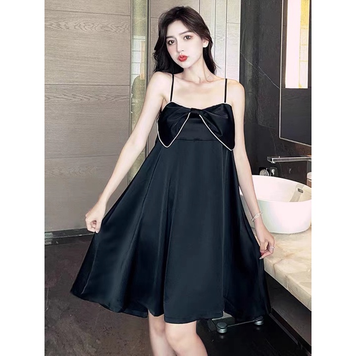 Baju Tidur Dress Tidur Rok Bow Camisole Cute Putri Manis Sweet Import Hitam Black