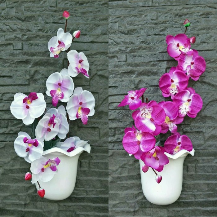 Artificial Set Bunga Plastik Anggrek Dengan Pot Dinding Plastik