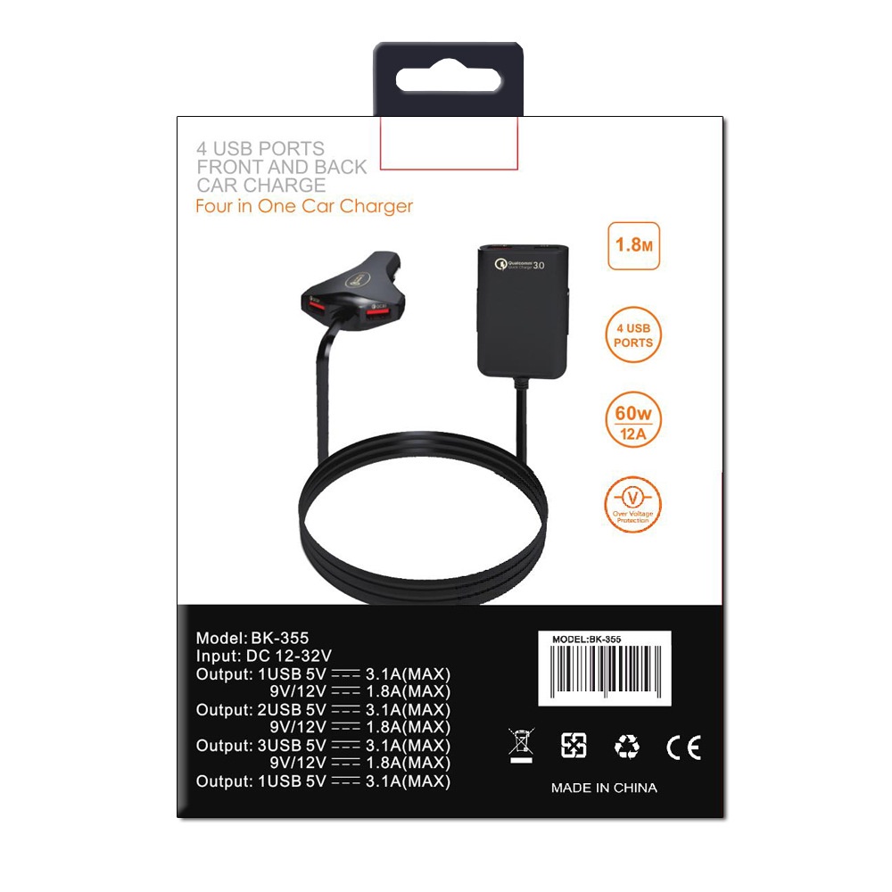 Adaptor Charger Mobil 4 Port USB 3.0 60W 12A Quick Charging Untuk Iphone Android Adoptor