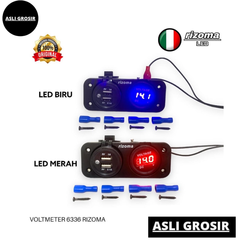 Voltmeter tanam Charger Hp Double USB Rizoma LED Merah Biru Universal