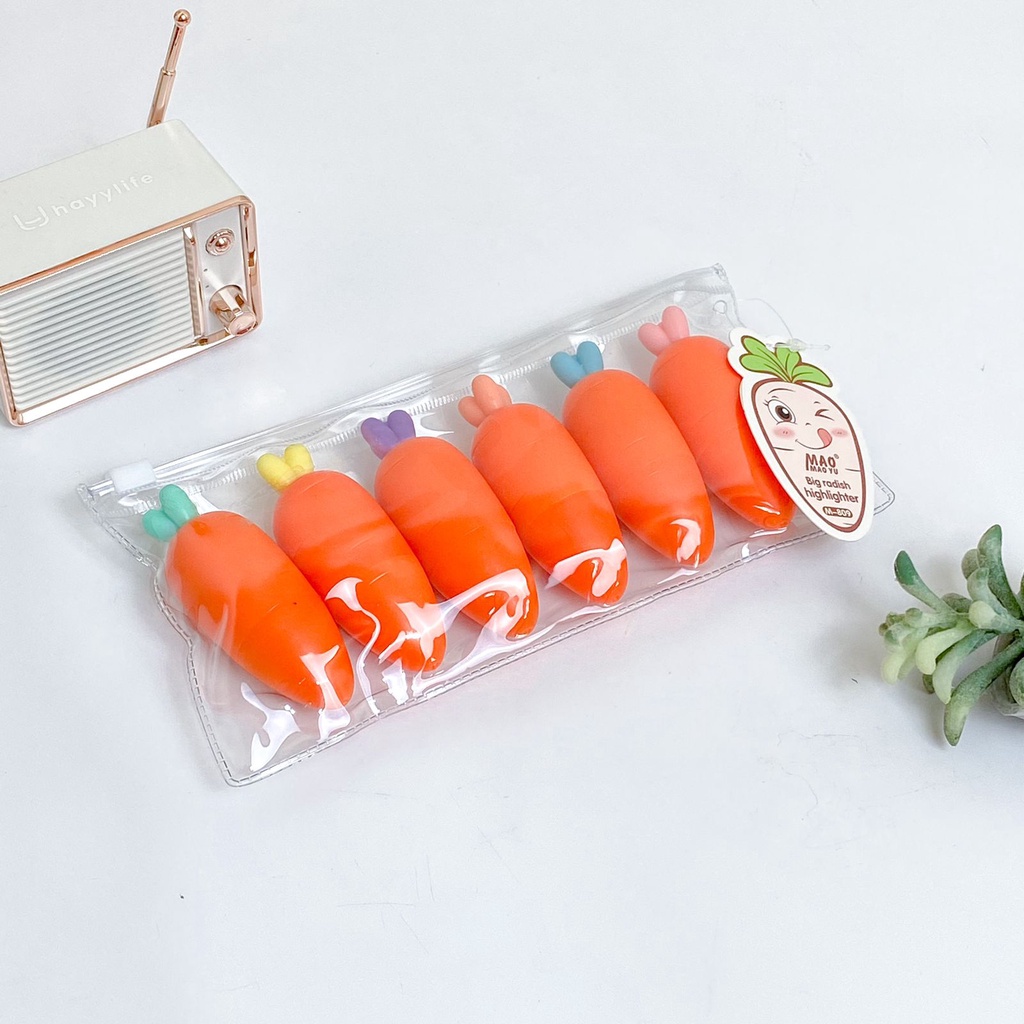 

HIGHLIGHTER WORTEL ORANGE POUCH / 1 SET ISI 6 STABILO / MARKER / HIGHLIGHTER BENTUK WORTEL MINI CARROT MINISO GROSIR READY COD