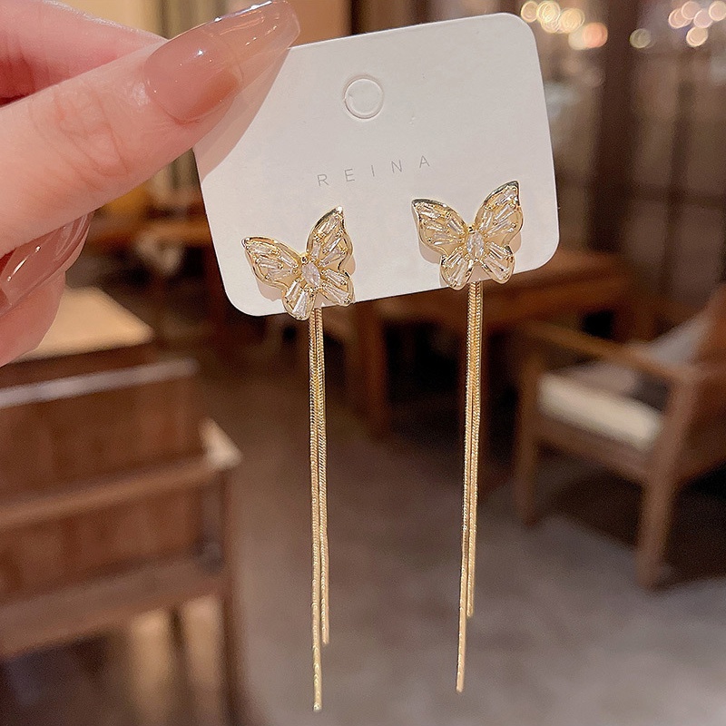 Anting Gantung Panjang Model Kupu-Kupu Dengan Rumbai Bahan Silver 925 Untuk Wanita Butterfly