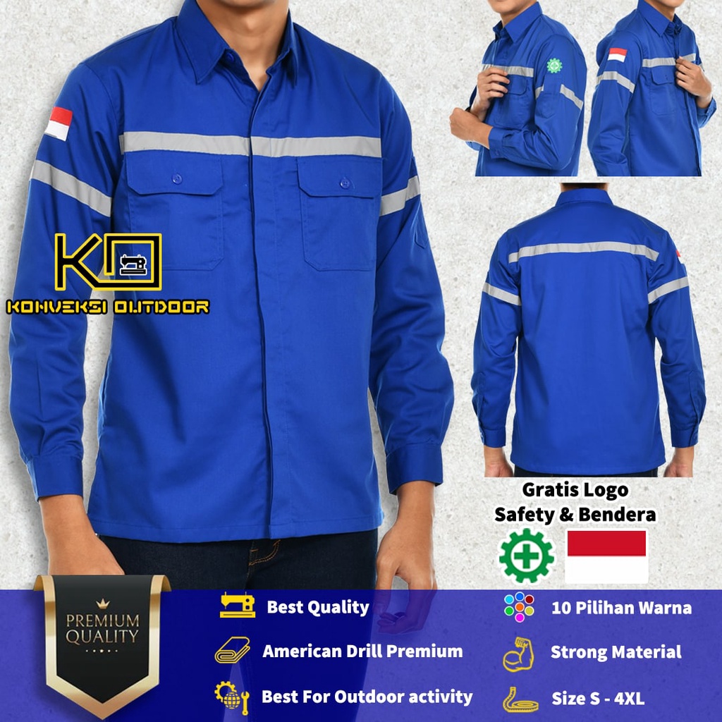 Kemeja Safety Pria Lengan Panjang - Pakaian Kerja Baju Proyek Wearpack Safety K3 Lapangan Outdoor Scotlite Indonesia Tebal Tambang Listrik Mekanik Teknisi Mesin Bangunan Werpack Driver Operator PLN Intalasi Listrik Enginer Teknik Sipil Kilang Warna Biru