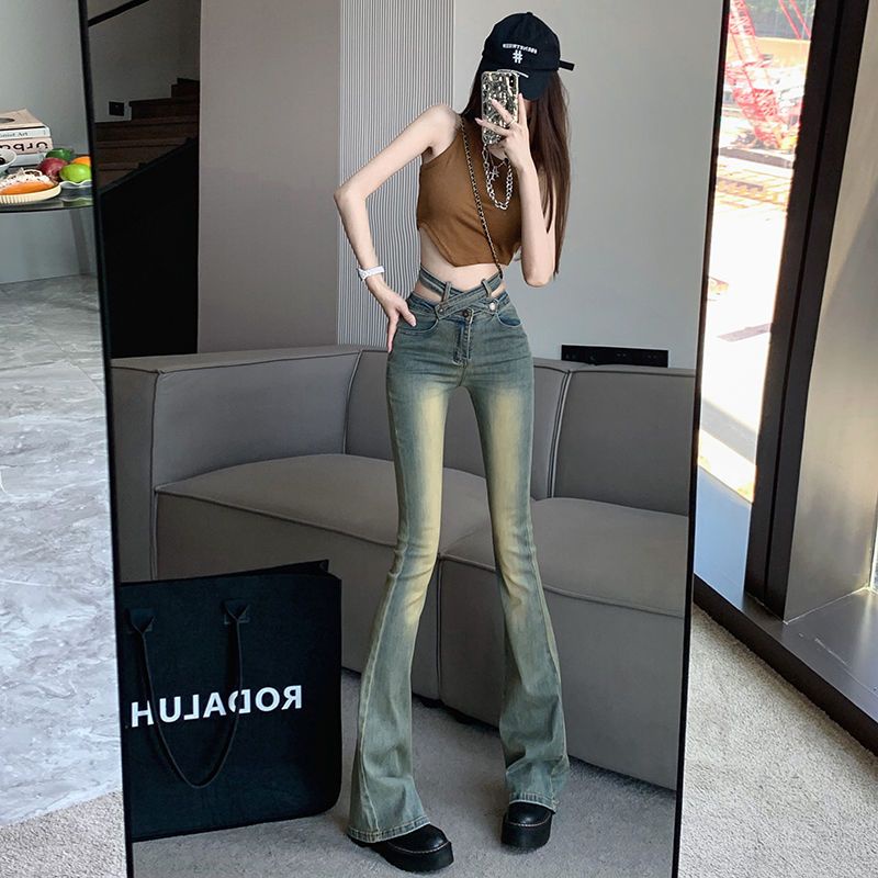 Suhao Retro Spice Girls Cross High Waist Lace-Up Jeans Wanita Musim Panas Bagian Tipis Slim Slim Rasa Desain Mengepel celana Horseshoe