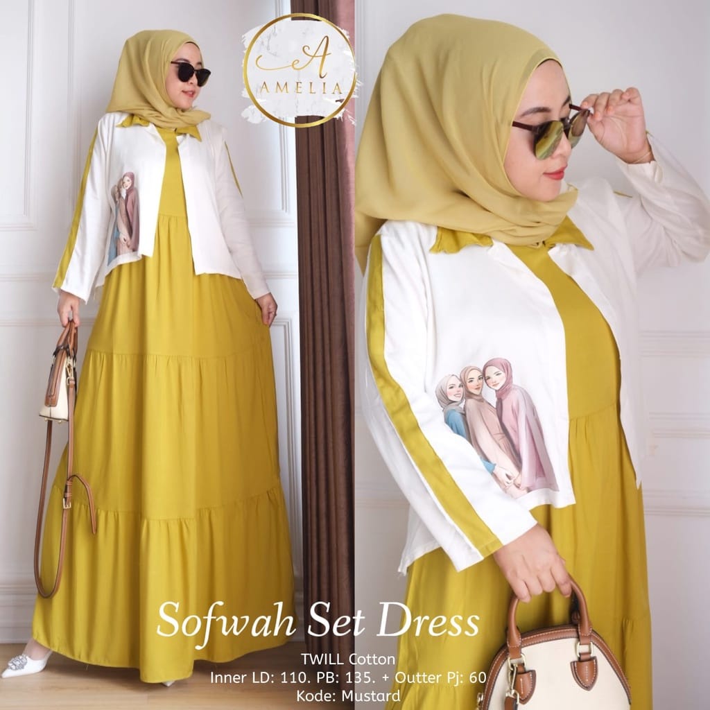 Baju Gamis Set Outer Sofwah Set Katun Rayon Dress Korea Setelan Wanita Kekinian Fashion Muslim One Set Jumbo Aplikasi Sablon