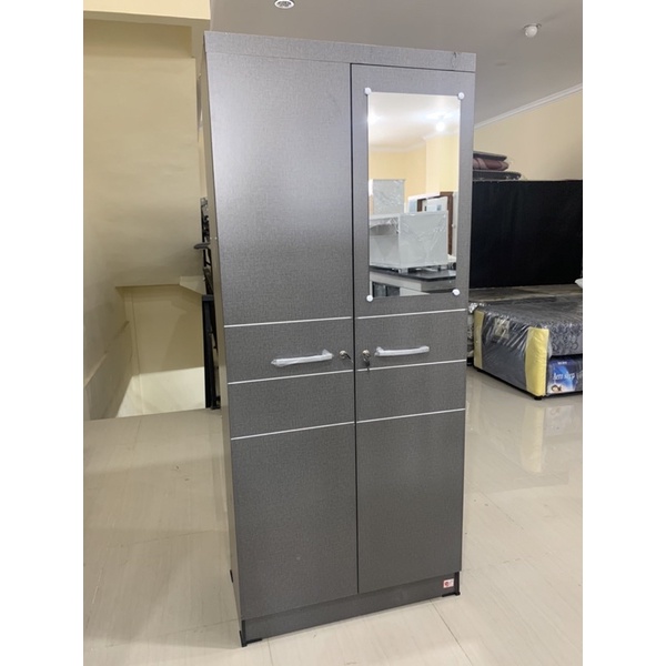 Lemari Baju 2 pintu Kayu 2 laci full kaca murah