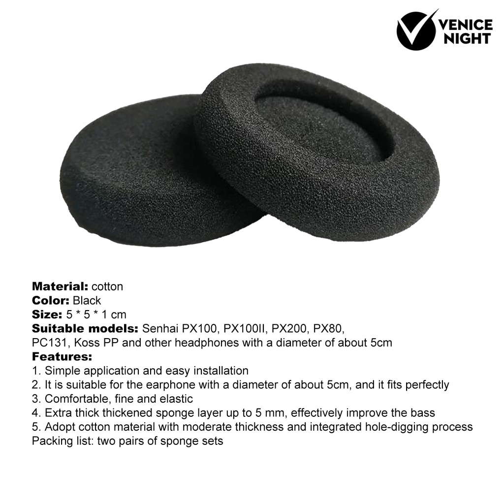 (VNEP) (Berkabel) 2 Pasang 5Cm Lembut Headphone Sponge Penutup Telinga Bantalan Bantal Pengganti untuk Sennheiser PX100/PX100II/PX200/PX80/PC131/KOSS PP