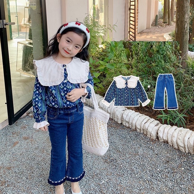 SSP21-Setelan Set Anak Perempuan Blouse Bunga Biru + Jeans Cutbray