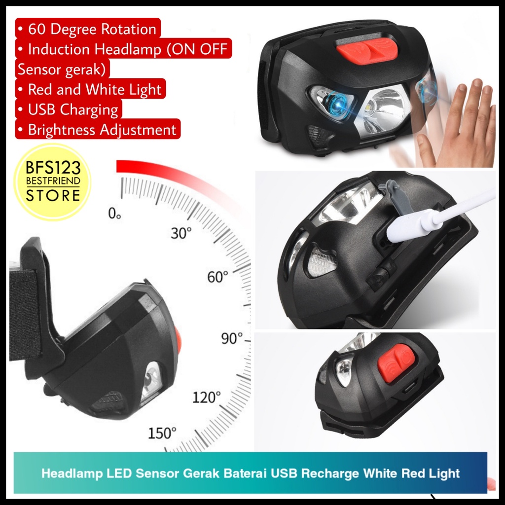 Headlamp LED Sensor Gerak Baterai USB Recharge White Red Light