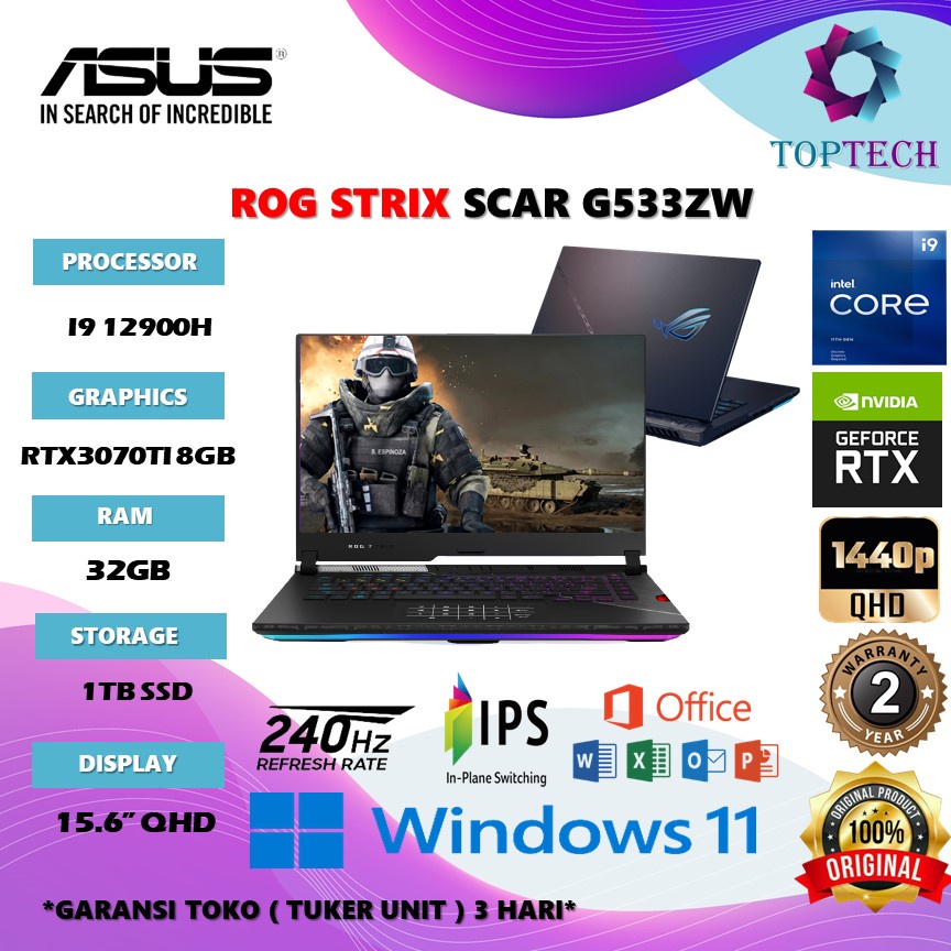 Laptop Gaming Asus Rog Strix Scar G533ZW I97RC6TO - I9 12900H RTX3070TI 8GB RAM 32GB 1TB SSD W11+OHS 15.6QHD 240HZ