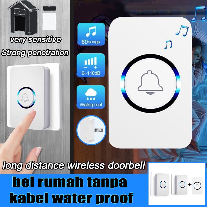 Wireless Doorbell Tanpa Kabel Set 1 Tombol 2 Receiver 110db Waterproof 60 Ringtones Door Bell