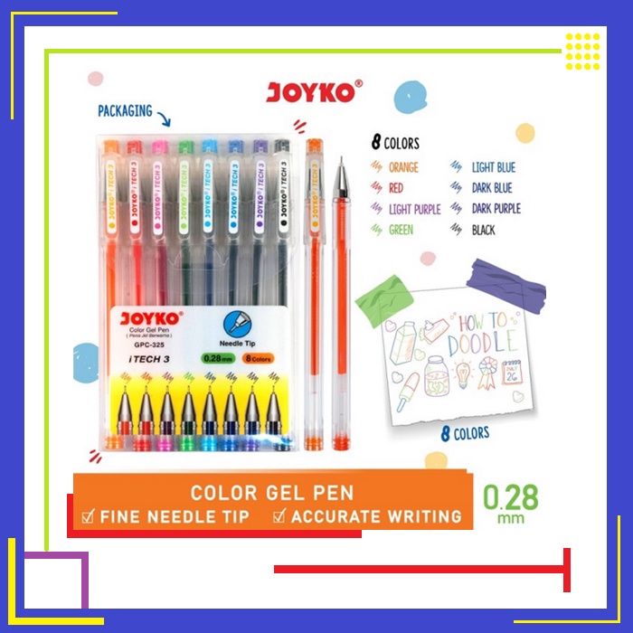 

JOYKO 8 Color Gel Pen GPC-325 0.28mm Pulpen Pena Jel Berwarna 1 Set - 8 Warna