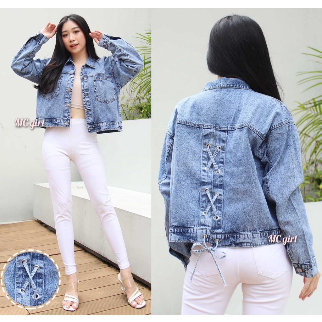 MC girl - Jaket Jeans Snow White Pita Silang Belakang Wanita / Jacket Denim Snow Putih Pita Tali Belakang Cewek