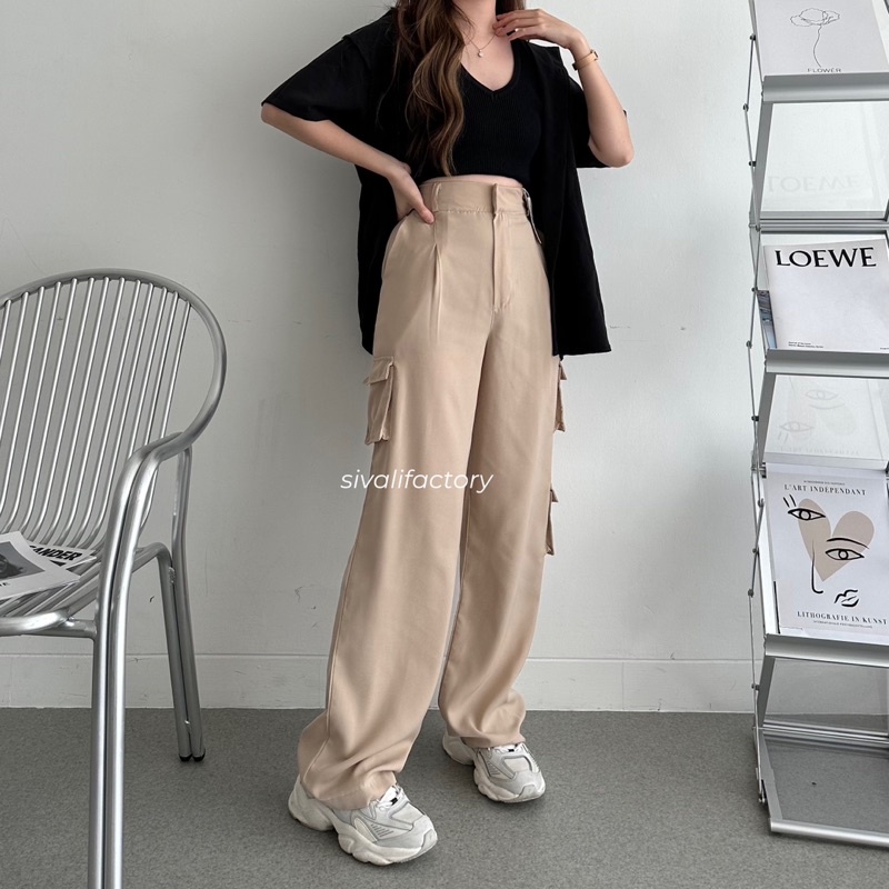 SIVALI Bonnie Cargo Pants - Highwaist Loose Cargo - Celana Kargo Wanita - Baggy Pants