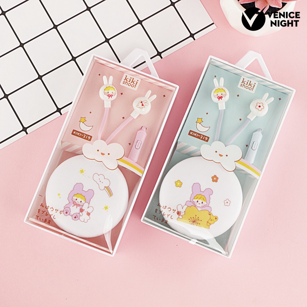 (VNEP) (Berkabel) Earbud Sensitif HD-kompatibel Memanggil dengan Mikrofon Cartoon Rabbit Box Earphone Stereo 3.5mm untuk Mendengarkan Musik