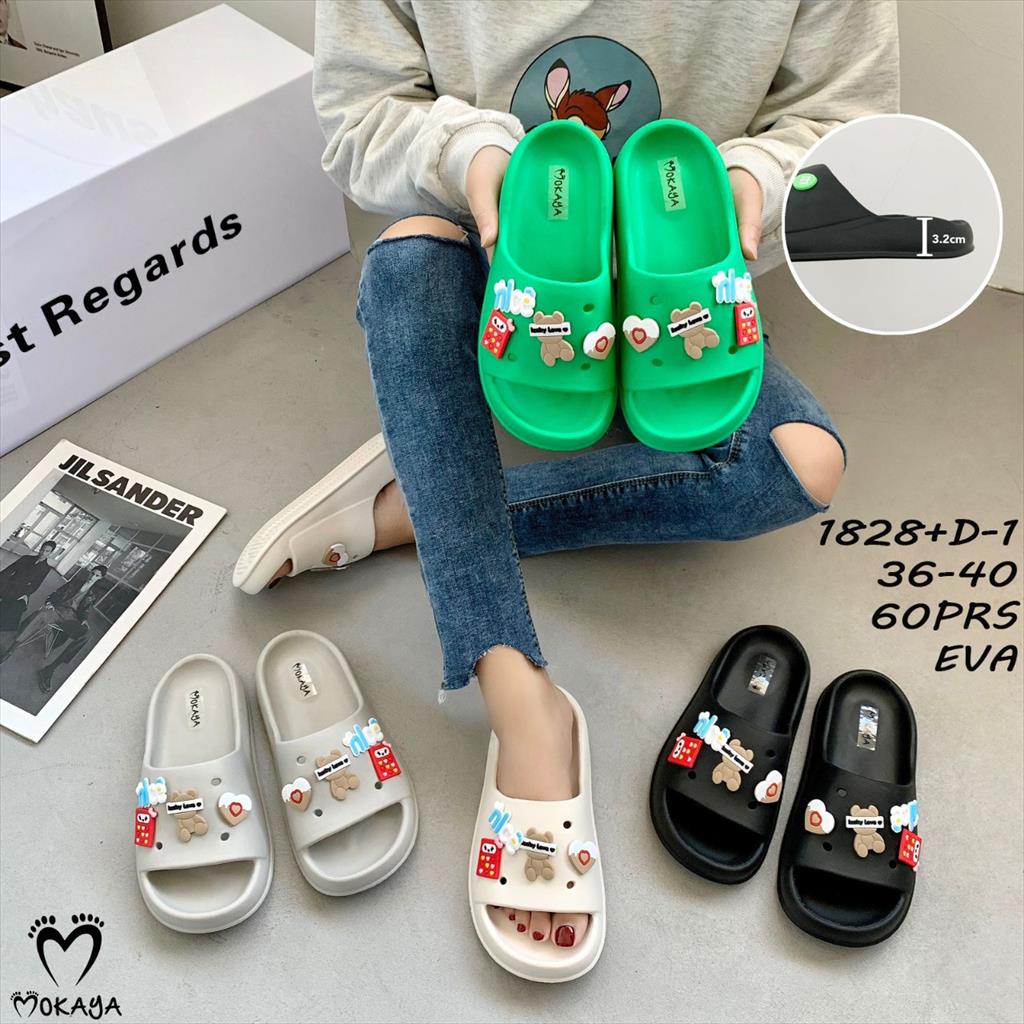 Sandal Slop Wanita Wedges Eva Fuji Viral Platform Tebal Motif Lucky Bear &amp; Kaws Balon Pizza Super Lucu Trendy Cantik Import Mokaya / Size 36-40 (1828+D-1/1828+D-4)