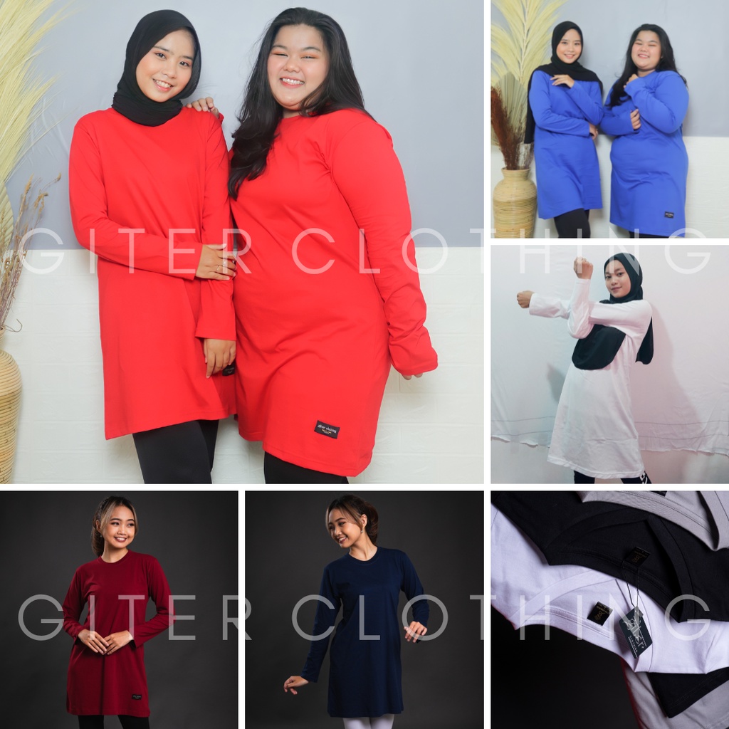 Kaos tunik bahan katun combed premium by giter's clothing - kaos polos oversize wanita - kaos wanita lengan panjang - baju olahraga muslimah ( hitam putih merah maroon navy army )