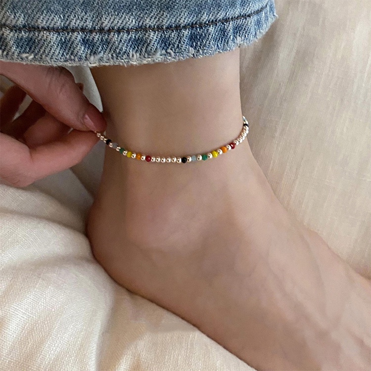 s925 sterling silver hand-beaded rainbow gelang kaki perempuan 2022 baru trendi musim panas eksotis kaki rantai hadiah pacar