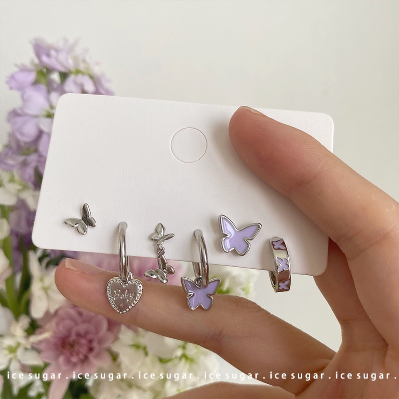 Set Anting Stud Desain Bunga Kupu-Kupu Hati Warna-Warni Bahan Resin Untuk Wanita