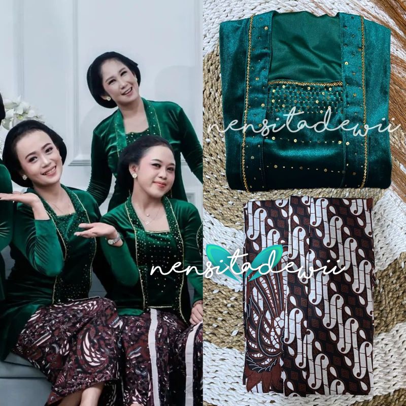 [1 SET] Kebaya Kutubaru Payet + Jarik Instan / DHB03G, Nuansa Hijau Botol