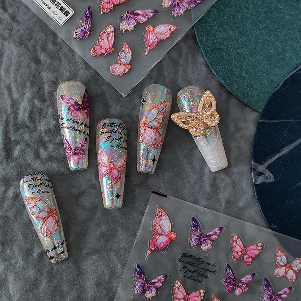 AUGUSTINA Agustina Stiker Kuku Kupu-Kupu Wanita Ins Style Hand Painted Butterfly Rose Nail Stickers Stars Huruf Inggris Nail Art Dekorasi