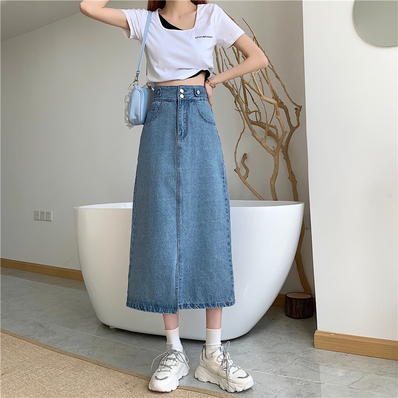 A-Line Rok Jeans Wanita Highwaist Rok Denim Korean Style