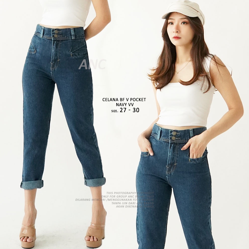 Celana Jeans Wanita Kancing Dua - Celana BF V Pocket Navy VV