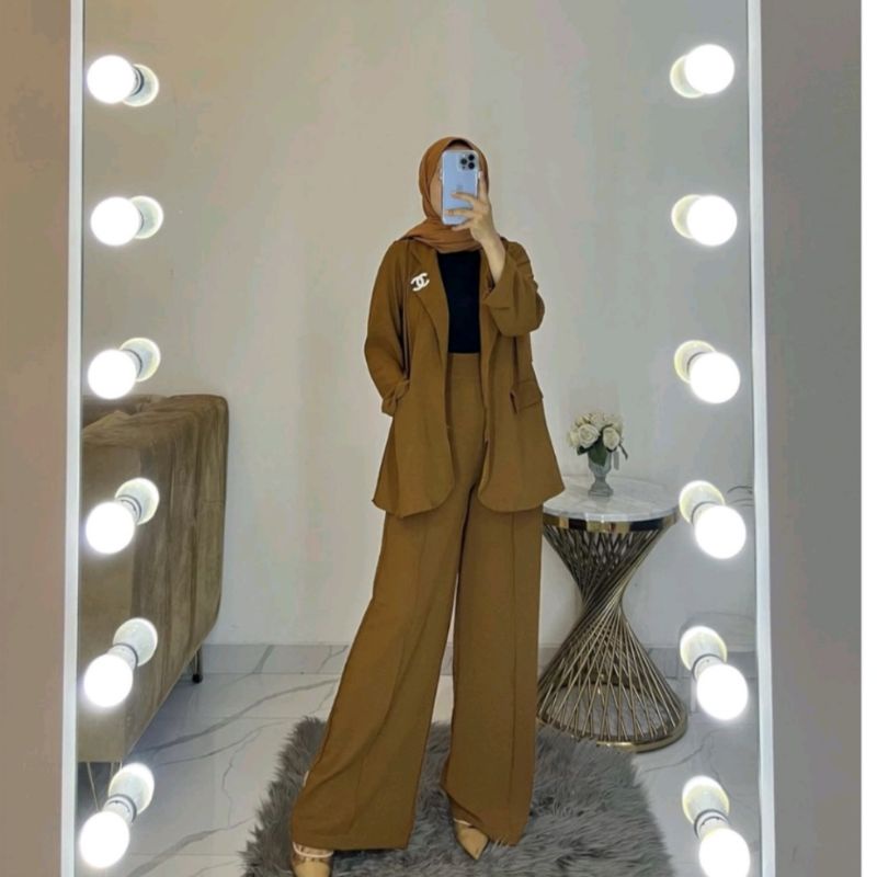 [Bisa COD] One Set Setelan Blazer Celana Kulot Highwaist Crinkle Airflow Ld 115cm Panjang 95cm Overs
