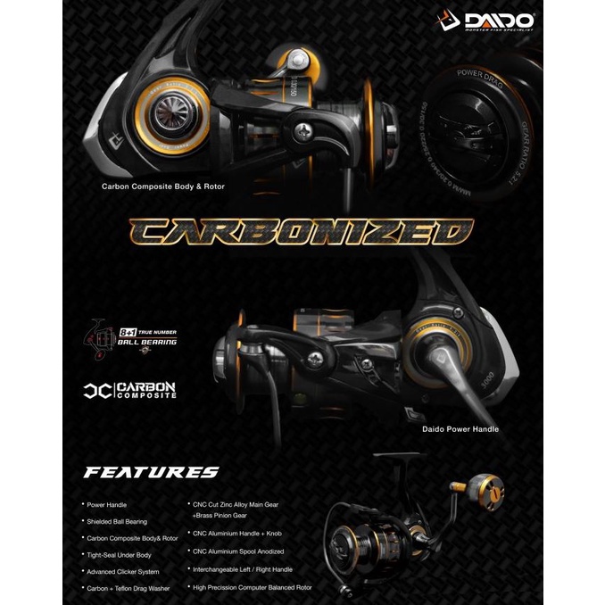 REEL DAIDO CARBONIZED UKURAN 800 SAMPAI 6000 POWER HANDLE