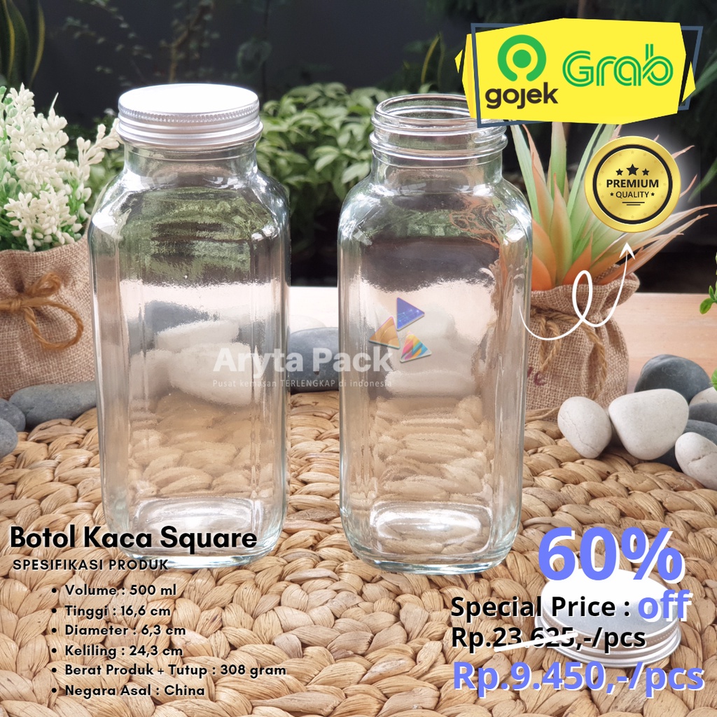 Jual Botol Kaca Bening 500ml Square Kotak Minuman Jus Kopi Susu Tutup Alumunium Silver New 4233