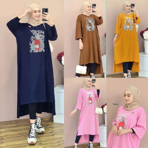 Long Tunik Terbaru Cecil long tunik #3 bahan kaos katun combed 24s Aplikasi sablon size s-xxl ld 90-120 cm Pakaian long tunik wanita model terbaru 2023 Baju atasan wanita lengan panjang Dress kaos katun oversize Gamis wanita warna milo , dusty , navy