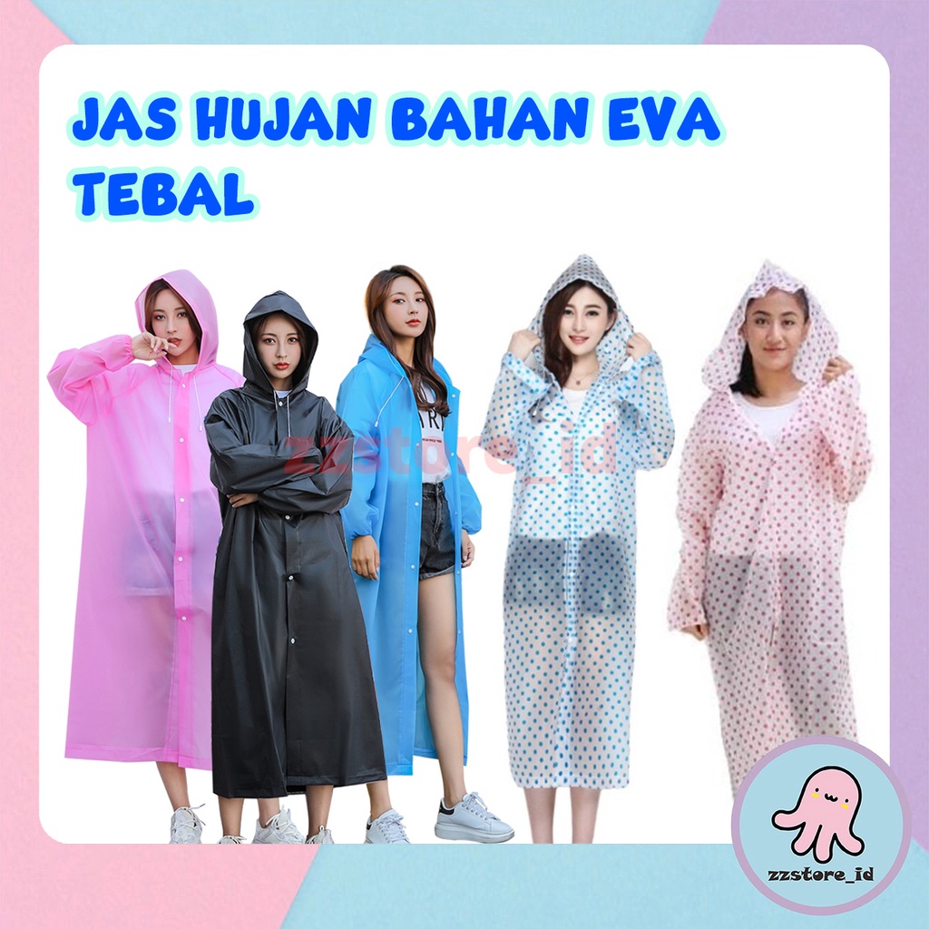 Jas Hujan BAHAN EVA TEBAL Dewasa Model Poncho Waterproof  POLOS / Jubah Terusan Musim Ujan Untuk Motor Anti Basah / Raincoat Lightweight Unisex / Jas Hujan Mantel Korea + Hoodie Semi Transparan Anti Air MOTIF POLKADOT