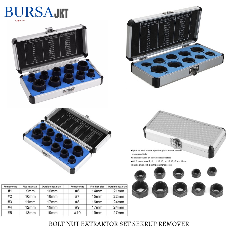 PEMBUKA BAUT MUR RUSAK BOLT NUT BOX SHORT &amp; LONG REMOVER EXTRAKTOR ISI 10PC SET