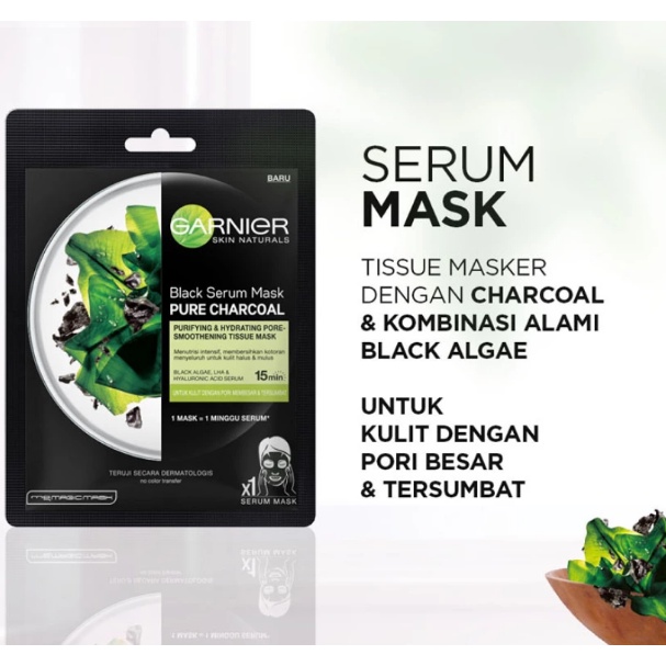 garnier masker wajah samarkan pori pure charcoal (hitam) isi 10pcs