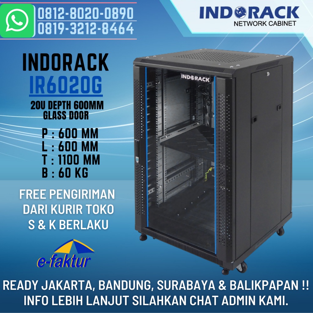 Jual INDORACK IR6020G CLOSE RACK 20U DEPTH 600MM GLASS DOOR - RACK ...